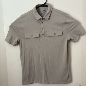 Express Mens Moisture Wicking Short Sleeve Polo Size Medium Beige Stretch Casual